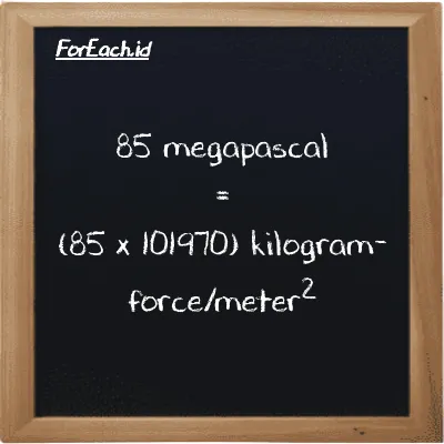 85 megapascal is equivalent to 8667600 kilogram-force/meter<sup>2</sup> (85 MPa is equivalent to 8667600 kgf/m<sup>2</sup>)